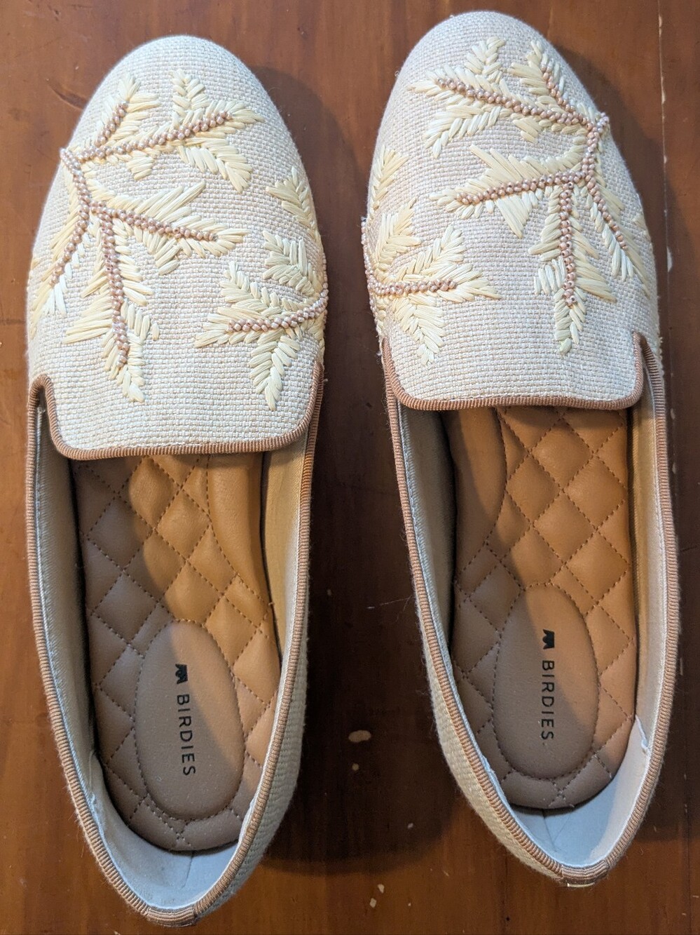 Birdies Women's Embroidered Cream Slip-On Loafers Size 10